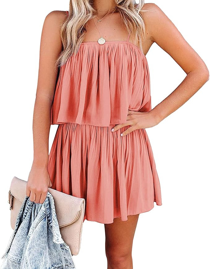 PRETTYGARDEN Women's Summer Short Rompers Spaghetti Strap Elastic Waist Square Neck Ruffle Casual... | Amazon (US)