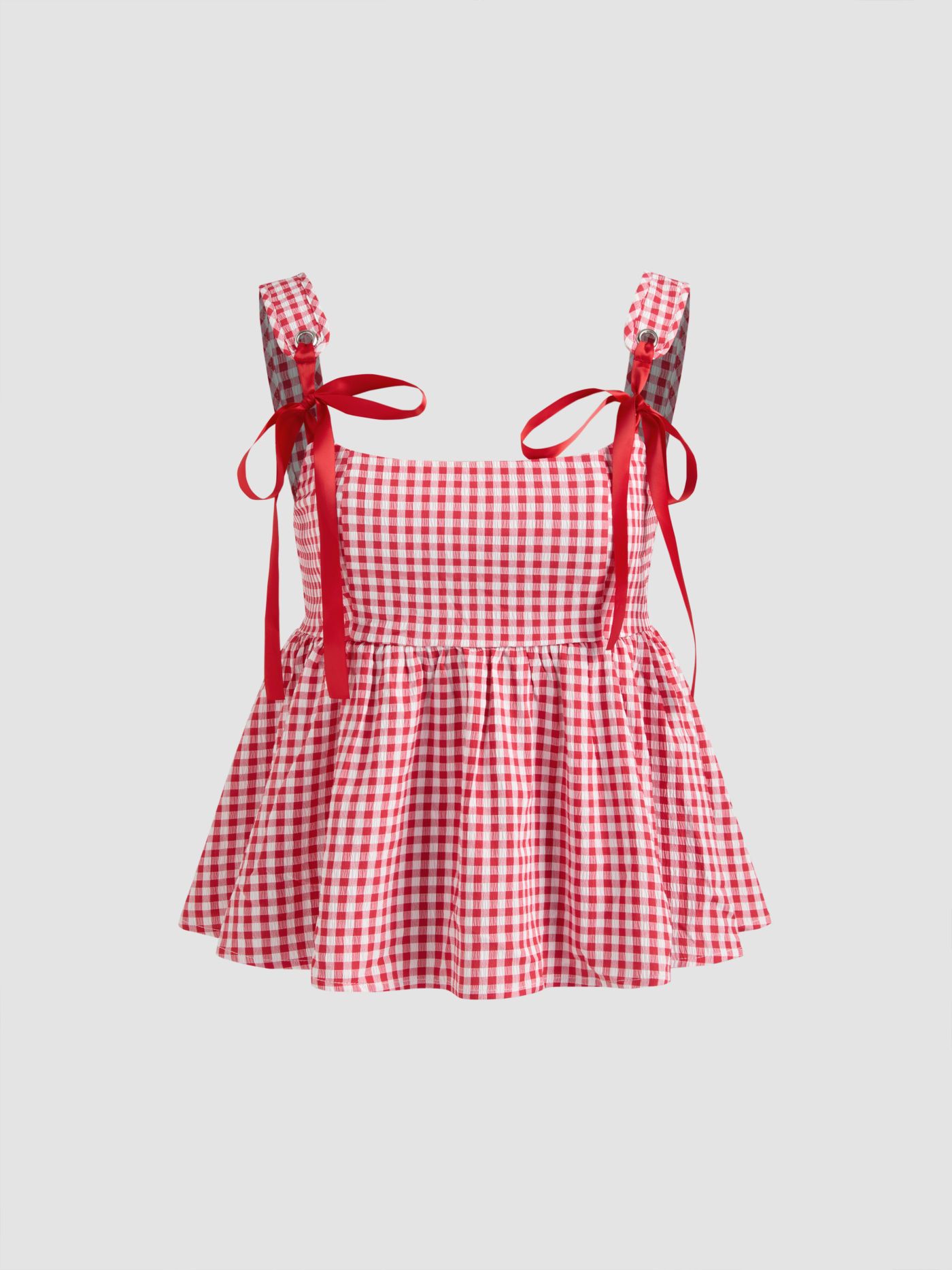 Woven Scoop Neckline Gingham Knotted Ruffle Tank Top For Date Picnic | Cider