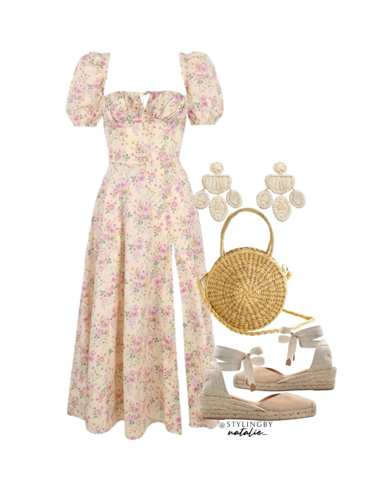 Floral print midi dress with puff sleeves and slit leg, straw bag, low heel espadrilles and raffia earrings.
Summer dress, Sun dress, maxi dress, cottage core

#LTKsummer #LTKeurope #LTKstyletip