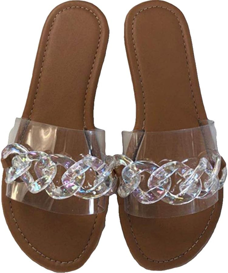 Women Sandals Beach Open Toe Flat Slippers Transparent TPR Fashion Colorful Chain Clear Slide Fli... | Amazon (US)