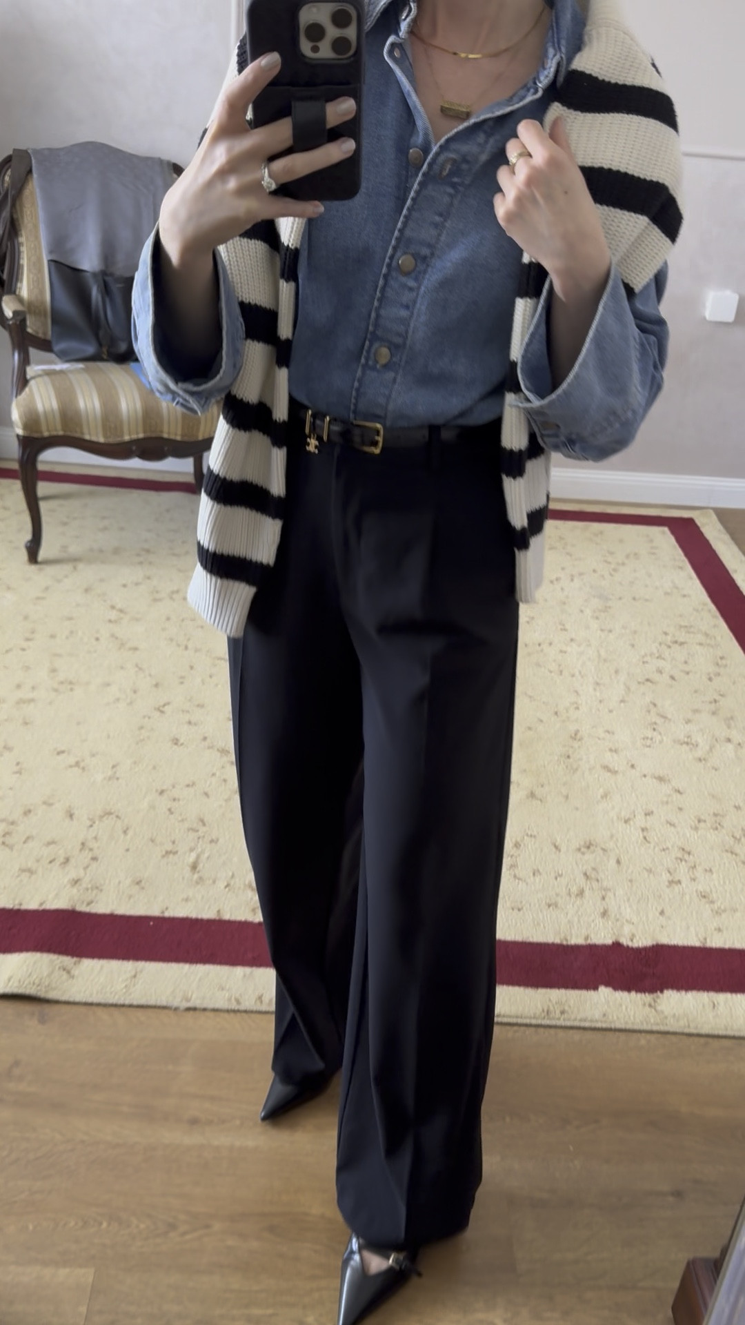 Work wear, office look, spring fashion, denim shirt, striped cardigan worn over shoulders, Celine belt, slingback pumps, style over 40

#LTKOver40 #LTKWorkwear #LTKFindsUnder50