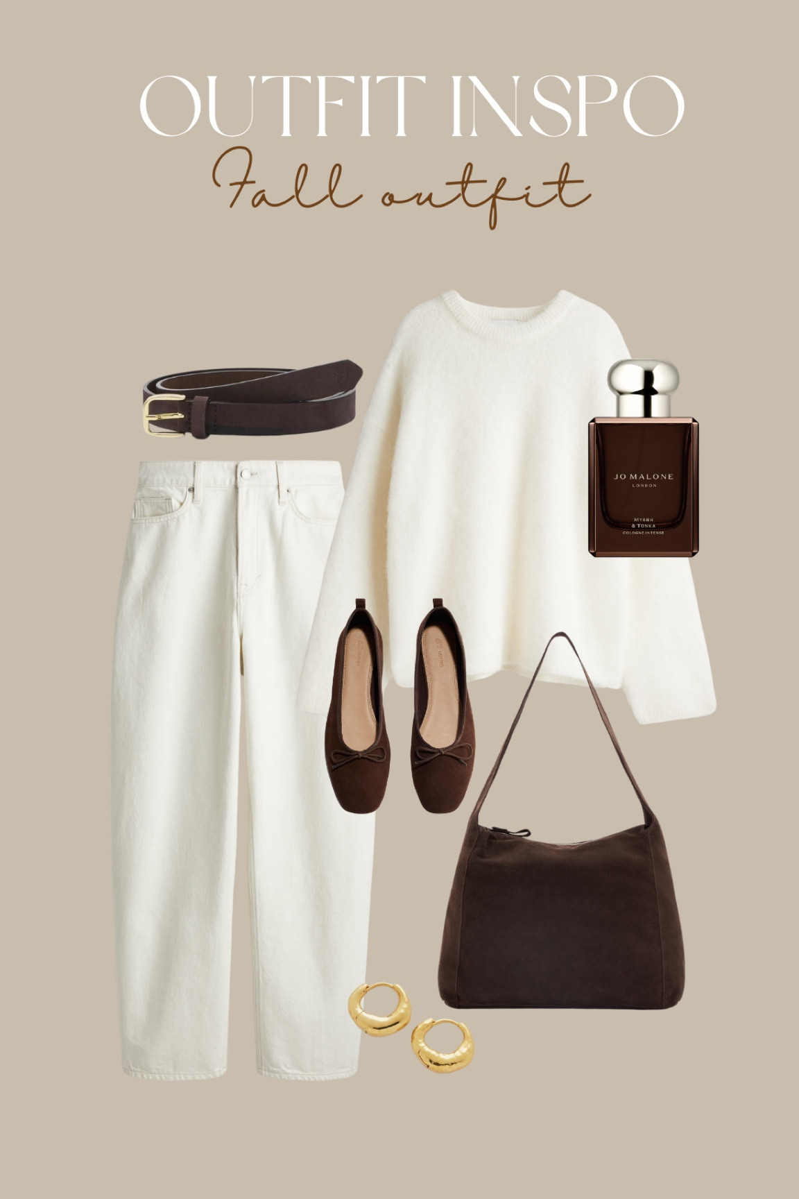 Whote barrel jeans, white jeans, white knitted sweater, white sweater, brown suede bag, brown suede belt, brown suede ballet flats, brown ballerinas, jo malone, COLOGNES INTENSE MYRRH & TONKA 

#LTKautumn #LTKshoes #LTKstyletip