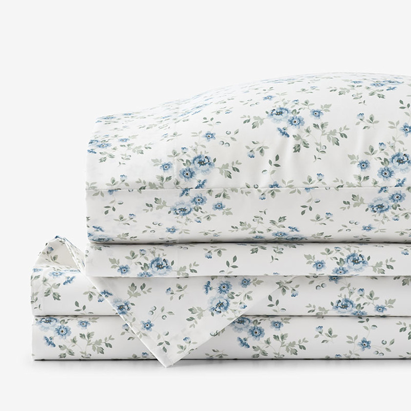 Garden Burst Premium Smooth Wrinkle-Free Sateen Bed Sheet Set - Blue/White, Size King | The Company Store | The Company Store