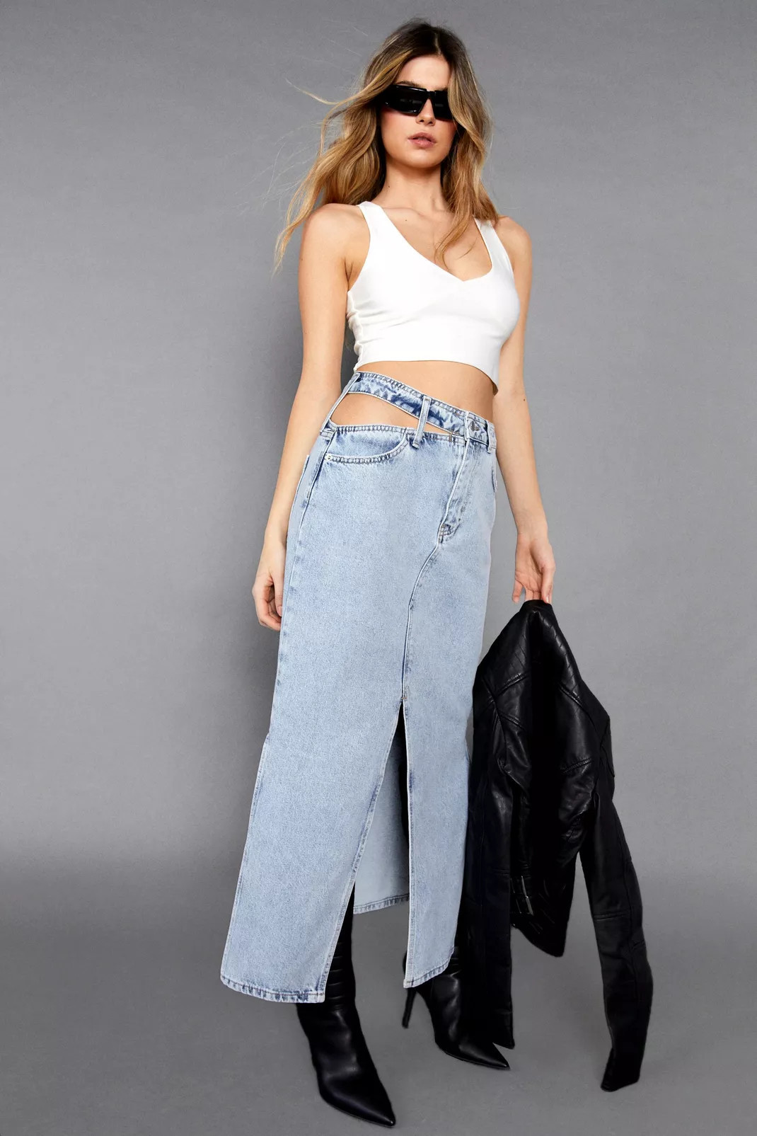 Cut Out Side Split Front Denim Maxi Skirt | Nasty Gal UK (+IE)