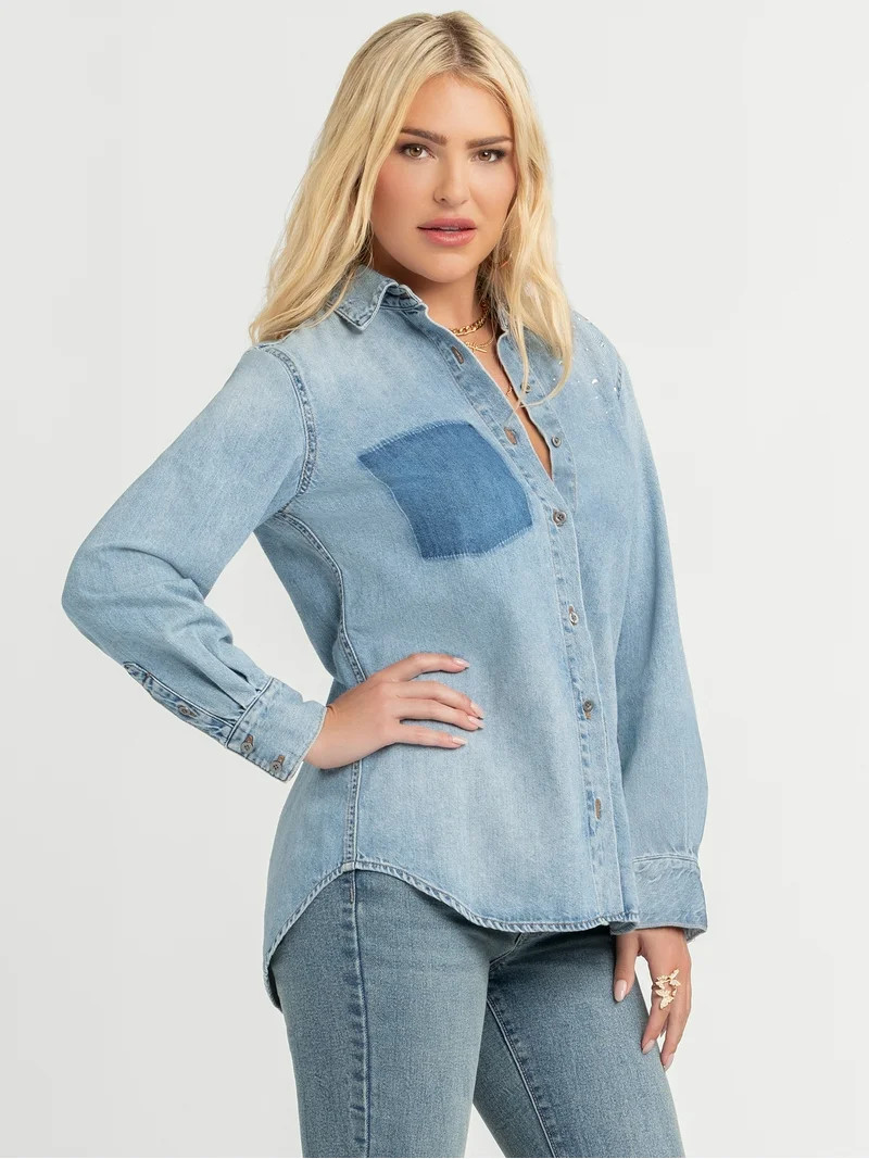 Jessica Simpson Women's Embellished Two Tone Denim Shirt with Long Sleeves, Sizes XS-XL | Walmart (US)