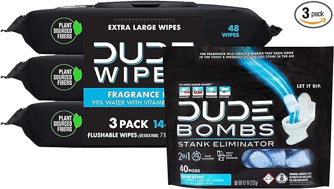 DUDE Wipes - Flushable Wipes (3 Pack, 144 Wipes), Unscented Extra-Large Adult Wet Wipes & DUDE Bo... | Amazon (US)