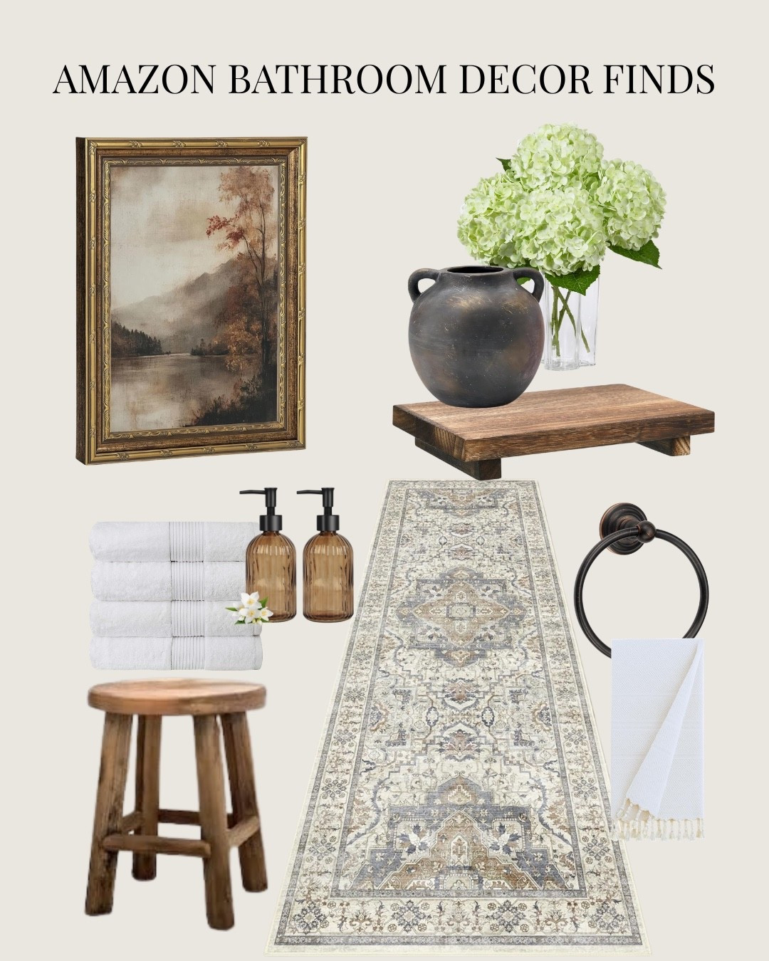 I posted the runner rug on its own, but this is the full bathroom direction I’m loving.

Warm wood, soft white towels, vintage style art, amber bottles, oil rubbed bronze, a washable runner, and a little greenery. It feels calm and collected without looking too perfect.

Basically the bathroom mood board that convinced me I might need to decorate my own bathroom now.

Linking the Amazon bathroom decor finds here.

#LTKHome #LTKmomlife #LTKOver40