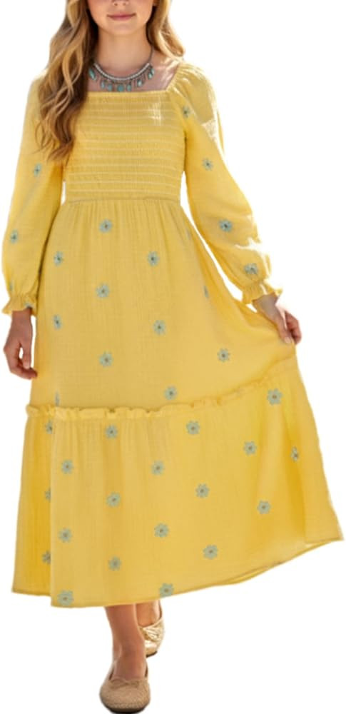 Sunny Spirit Girls Dresses Spring Maxi Tween Boho Floral Long Puff Sleeves Square Neck Embroidere... | Amazon (US)
