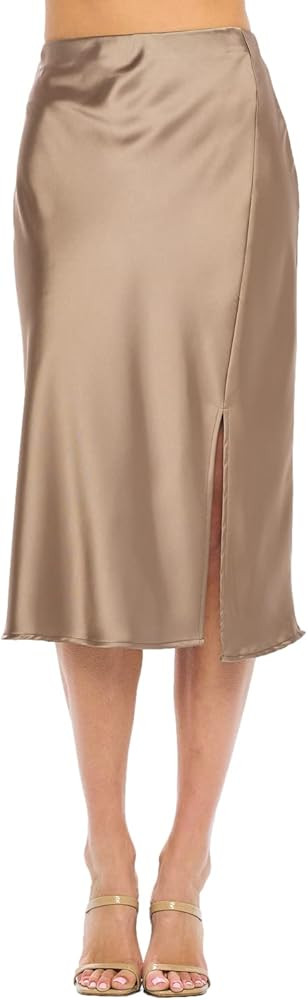 Women Solid High Waist Silky Casual Elastic Satin Midi Slit Skirt - Made in USA | Amazon (US)