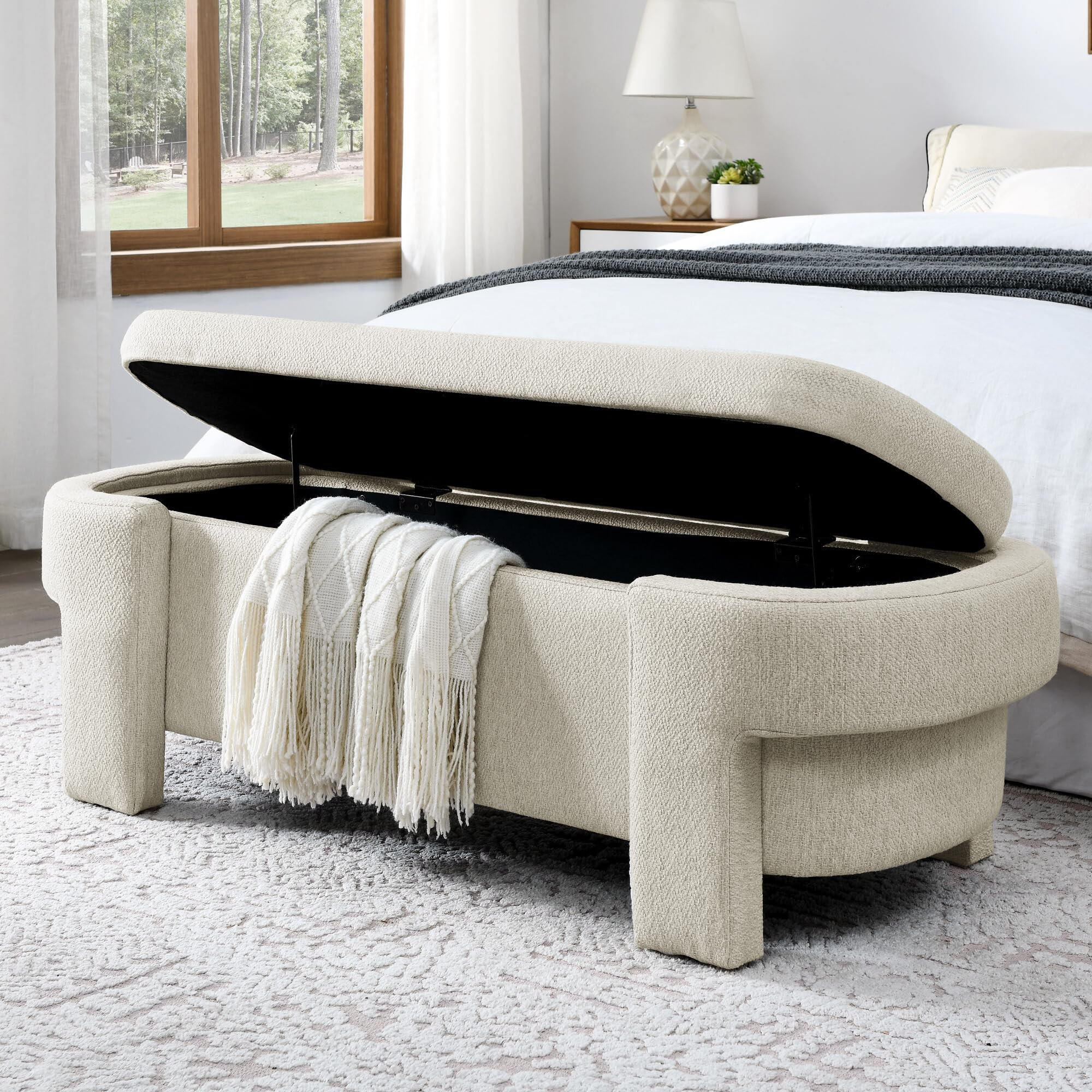 51.5" Oval Storage Bench End of Bed Storage Ottoman Benches Linen Fabric Upholstered Oversized Ot... | Amazon (US)