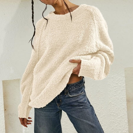 Knit Sweater for Women White Sweater Womens Sweaters Knit Sweater Graphic Sweater Dresses for WomenWomen s Oversized Long Sleeved Crewneck Fluff Knit Warm Sweater Autumn PulloverWhiteXL | Walmart (US)