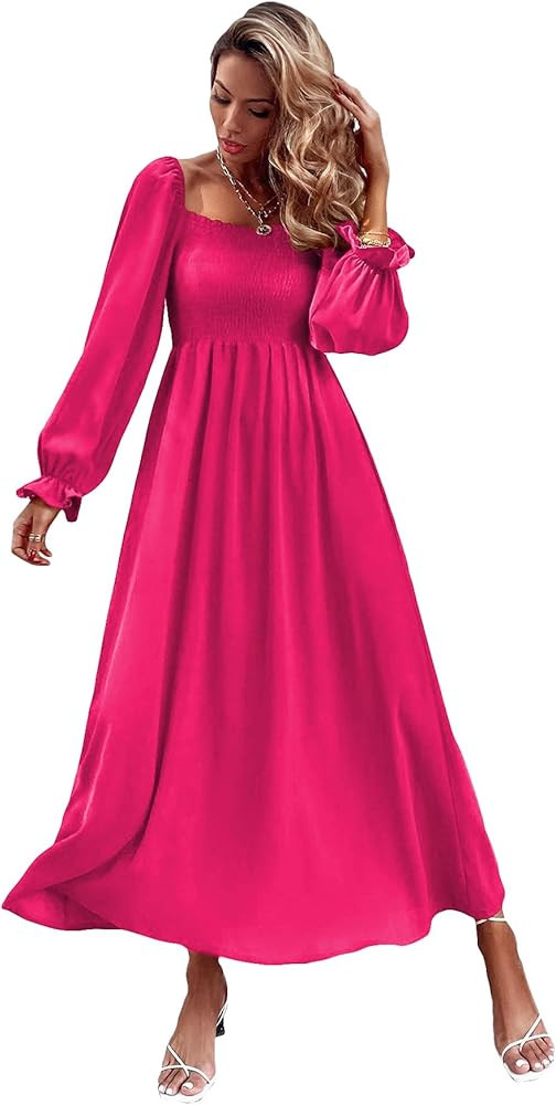 Floerns Women's Boho Square Neck Smocked Long Puff Sleeve A Line Maxi Dress | Amazon (US)