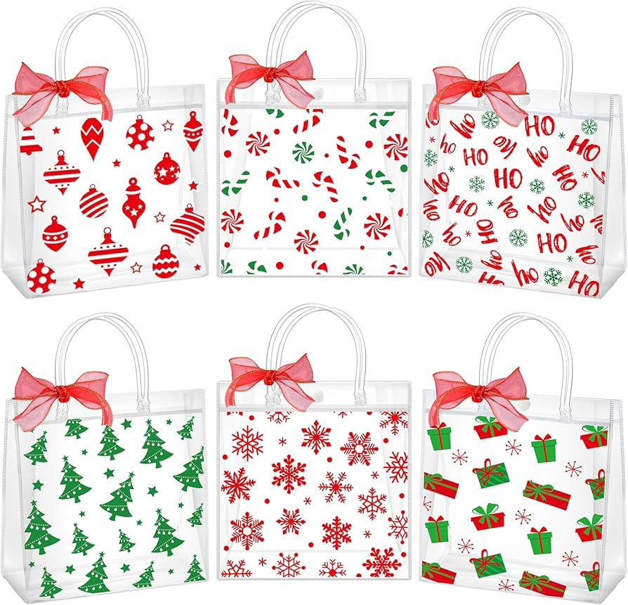 24 Pcs Christmas Clear Gift Bags Plastic Totes Bags With Handles Bow Ribbon For Candy Treat Goodi... | Amazon (US)