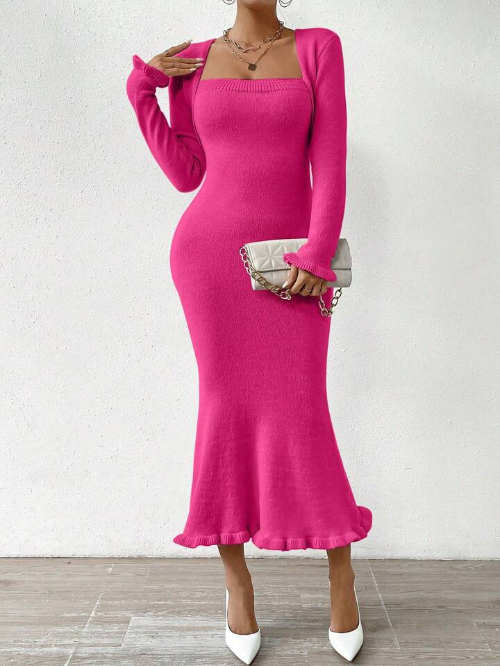 SHEIN Privé Elegant Fish-tail Hem Long Sleeve Square Neck Sweater Dress | SHEIN