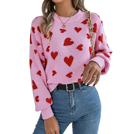Heart Sweaters for Women Valentine s Day Casual Loose Lightweight Crewneck Sweater Lantern Sleeve... | Walmart (US)