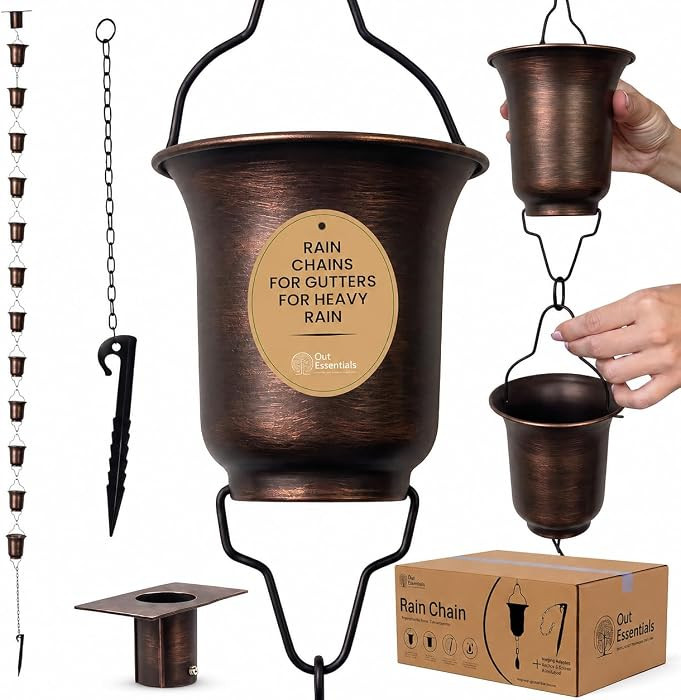 Copper Rain Chain 9 FT, 11 FT Installed with Anchor Stake and Gutter Adapter, Durable Heavy Duty ... | Amazon (US)