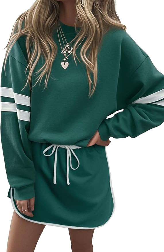 KevaMolly Womens Skirt Sets Varsity Stripe Detail Drop Shoulder Pullover Mini Skirt Set Casual Tw... | Amazon (US)