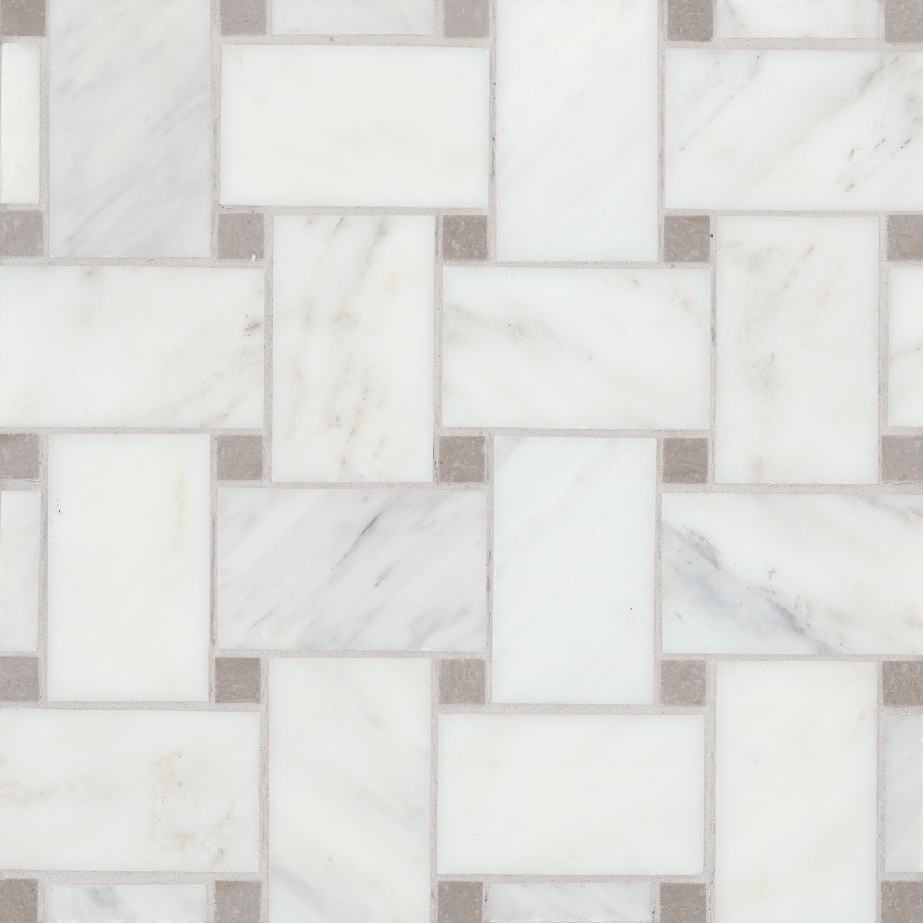 Jumbo Basketweave Honed Marble in Oriental White with Cinder Grey Dot | Bedrosians Tile and Stone