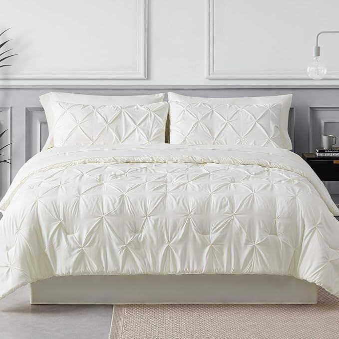 Bedsure Cream Comforter Set Queen - 8 Pieces Pintuck Ivory Comforter Set Queen, Cream Queen Bed S... | Amazon (US)