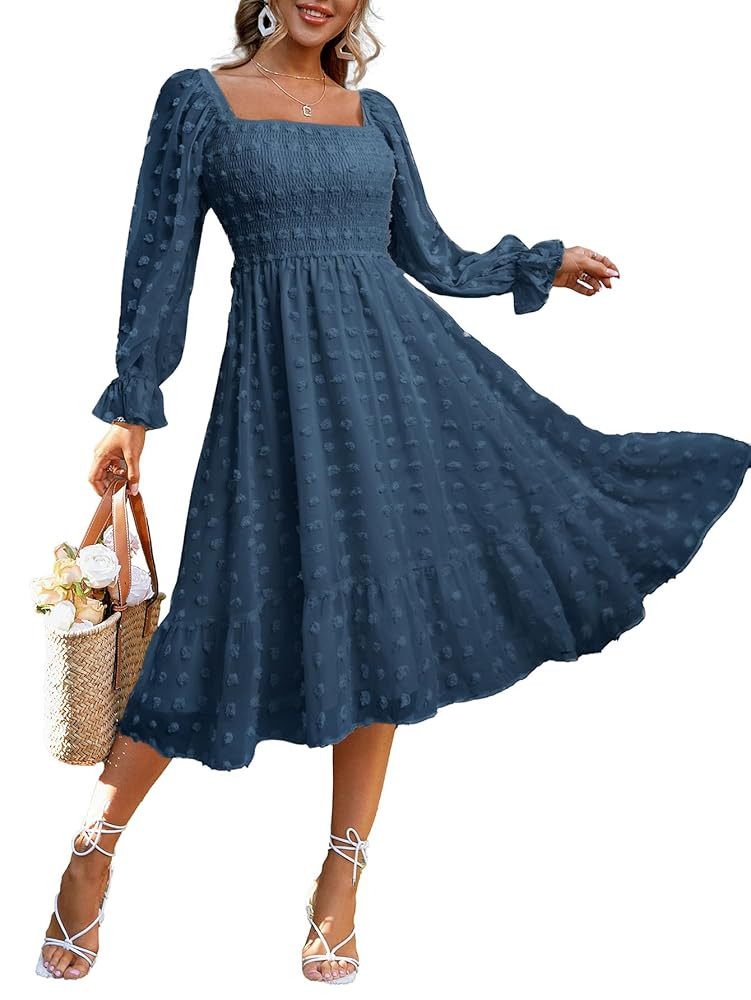 Amegoya Women's Boho Flowy Long Sleeve Square Neck Floral Midi Dress Smocked Spring Fall Wedding ... | Amazon (US)