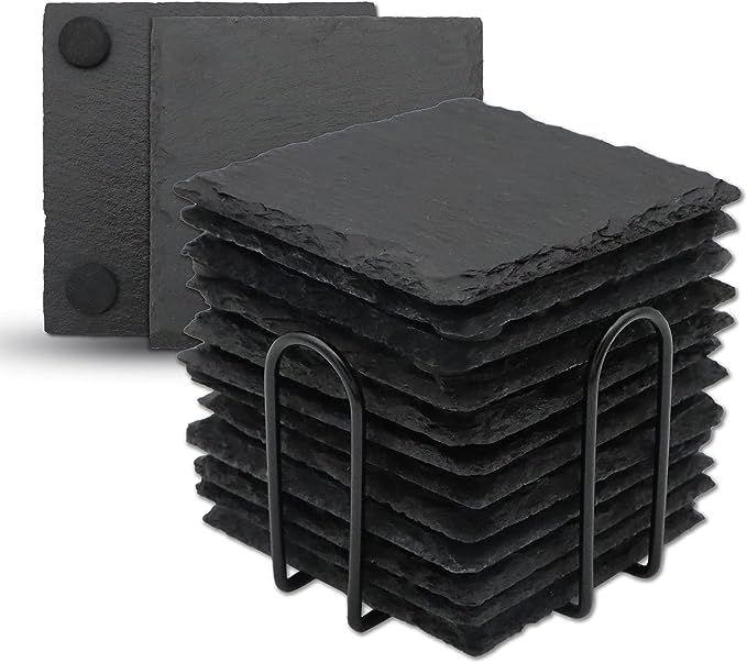 12 Pack Slate Coasters with Holder, VIBRATITE 4 Inch Black Stone Coasters Bulk with Anti-Scratch ... | Amazon (US)