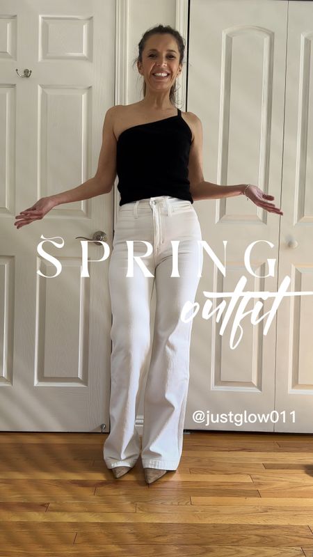 Black One shoulder tank top is super stretchy. Wearing s-m
Comes in several colors.
White flare jeans are madewell. TTS
Trench coat is amazon find - size down
Black eyeglasses are only $30 and so good!

Spring outfit white jeans black and white outfit mom outfit over 40


#LTKunder50 #LTKFind #LTKstyletip