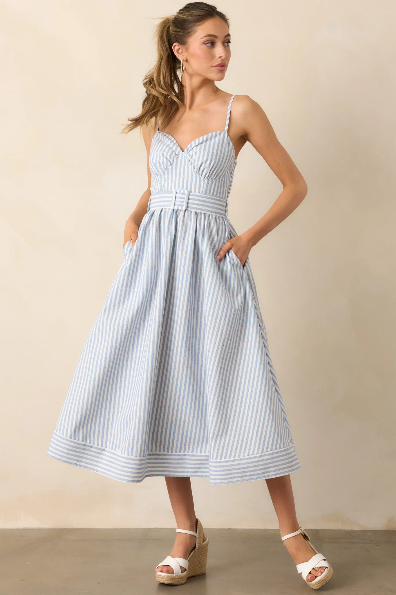 Every Little Thing Light Blue Stripe Belted Midi Dress | Red Dress