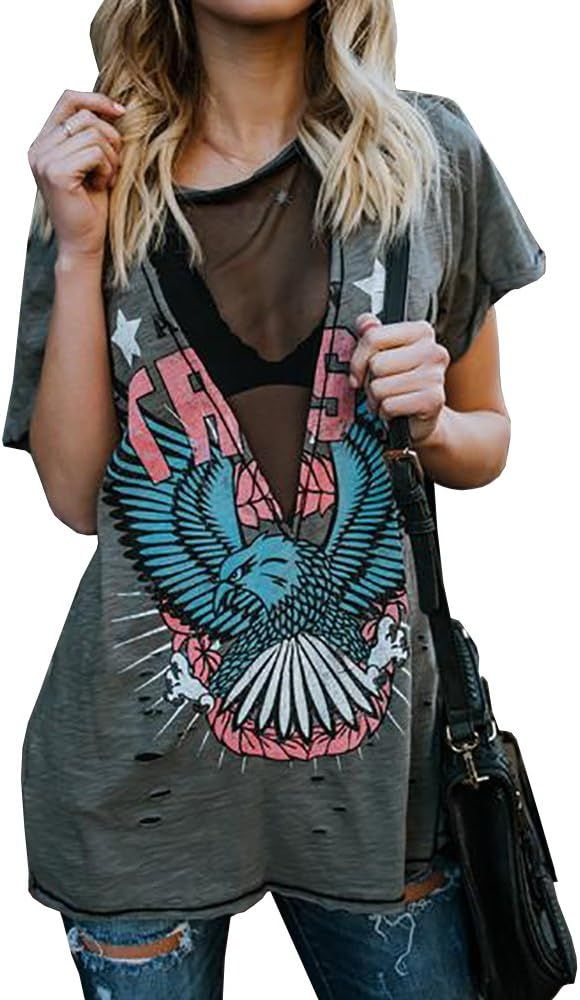 Womens Short Sleeve Graphic Tees Distressed Hawk Print Mesh V Neck Loose Sexy T-Shirt Tops Blouse | Amazon (US)