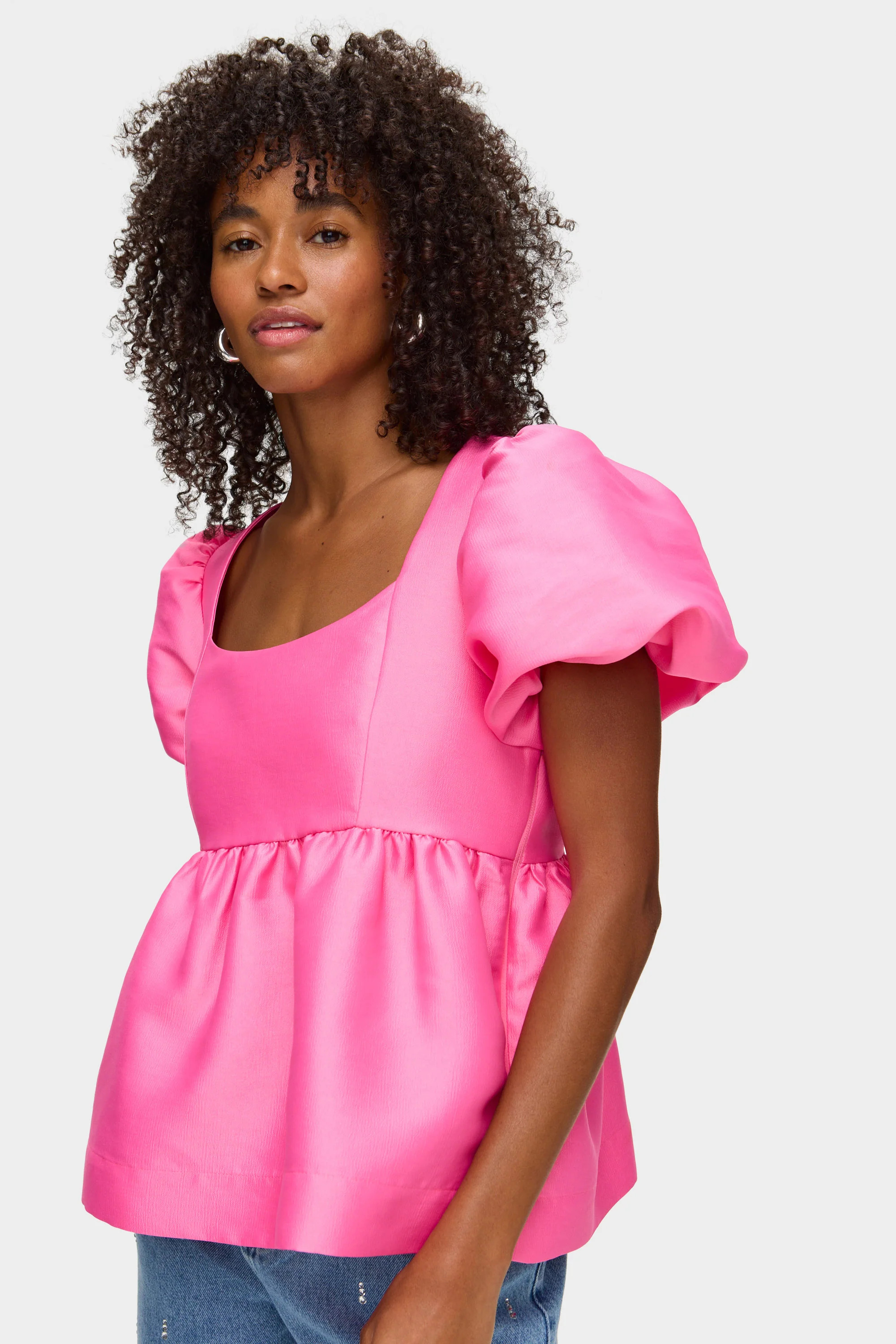 ALIGNE Puff Sleeve Peplum Satin Top - Pink | Allanah | ALIGNE USA