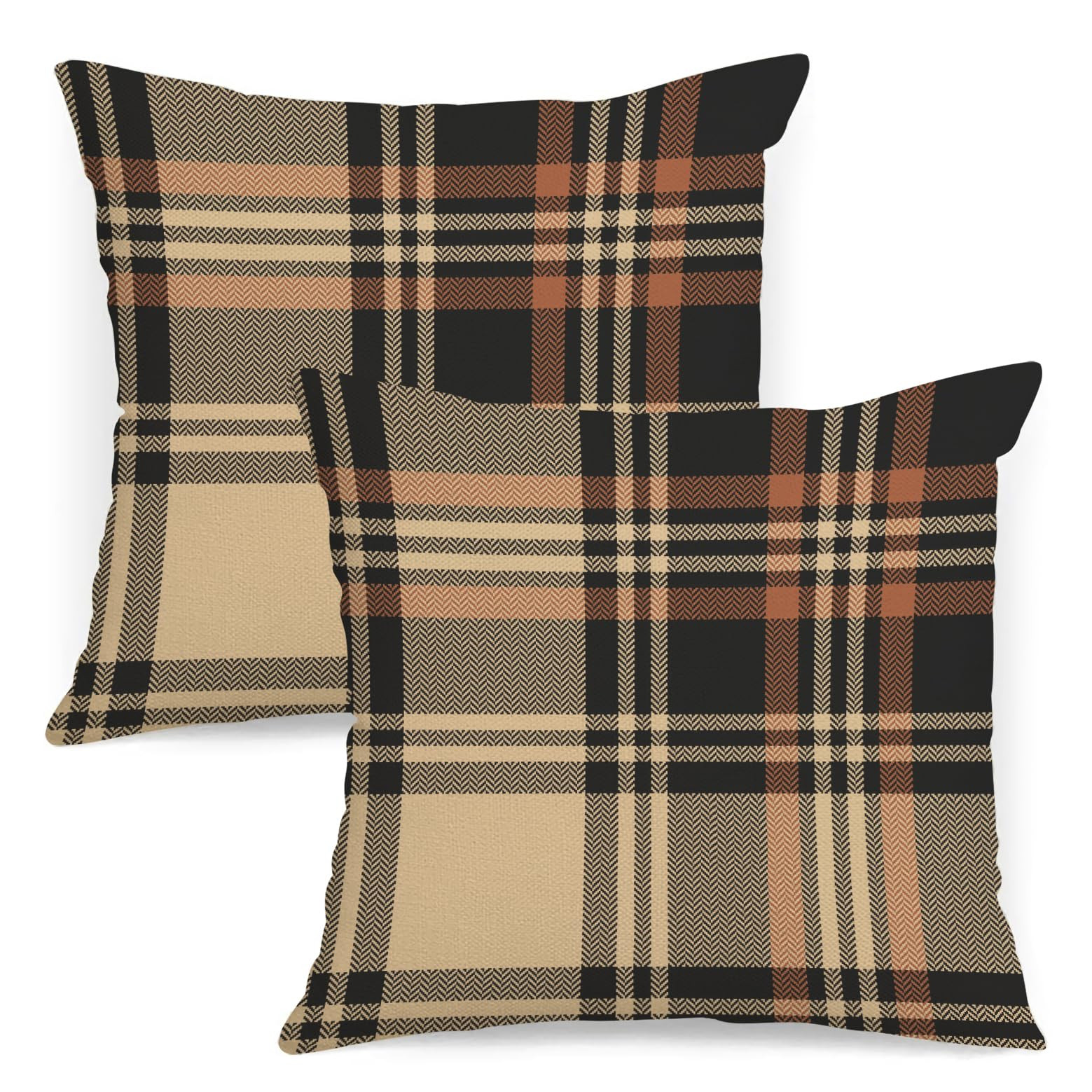 Fall Plaid Pillow Covers 18x18 Set of 2 Beige Black Orange Check Tartan Gingham Autumn Plaid Them... | Amazon (US)