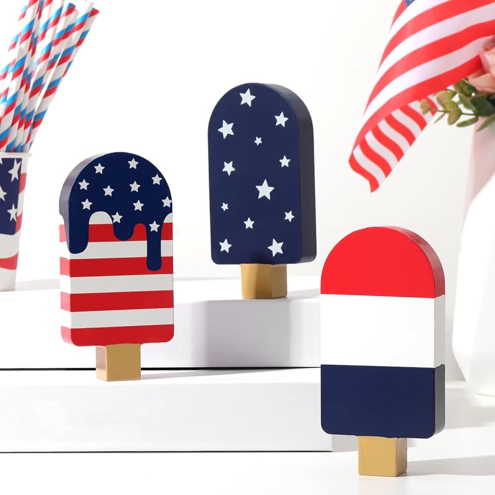 4th of July Decorations, 4pcs July 4th Patriotic Tiered Tray Decor Wooden Sign, Vintage Popsicle ... | Amazon (US)