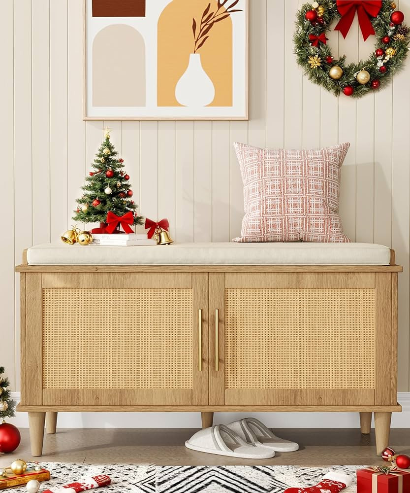 Rattan Shoe Storage Bench with Cushion, 2-Tier Entryway Bench with Adjustable Shelves and 2 Doors... | Amazon (US)