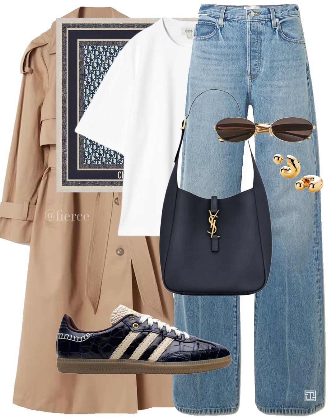 Beige trench coat blue loose jeans navy croc leather adidas samba Ysl navy bucket bag white tshirt Dior silk scarf casual chic outfit weekend coffee break shopping lunch#LTKautumn 

#LTKeurope #LTKuk
