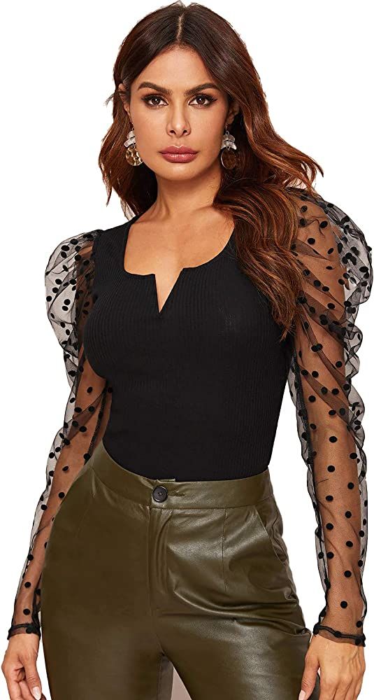 WDIRARA Women's Sheer Mesh Polka Dots Puff Sleeve Rib Knit Elegant Slim Fit Top | Amazon (US)