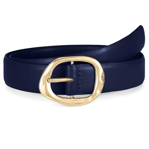 WHIPPY Leather Belt for Women Casual Waist Belt with Gold Buckle Fashion Ladies Belt for Jeans Pants Dress,Navy Blue,M | Amazon (US)