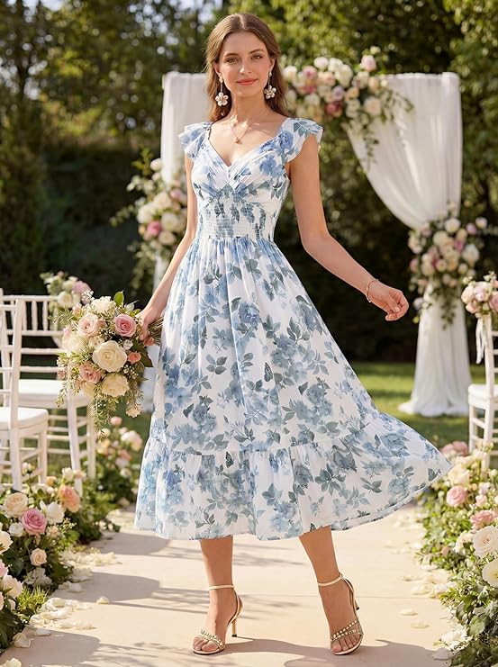 GRACE KARIN Women's Summer Floral Maxi Dress 2026 Ruffle Sleeve Smocked Sundress Flowy Wedding Gu... | Amazon (US)
