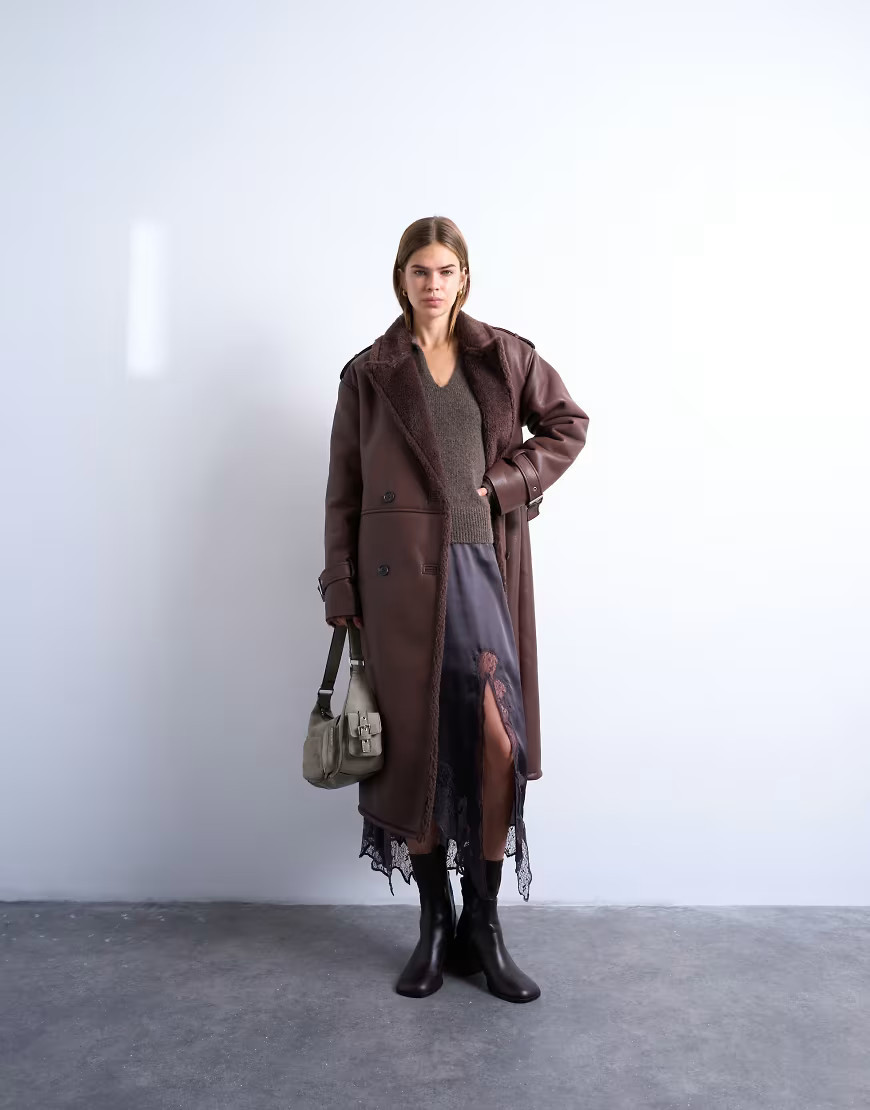 Topshop longline funnel oversized aviator borg coat in chocolate-Brown | ASOS (Global)