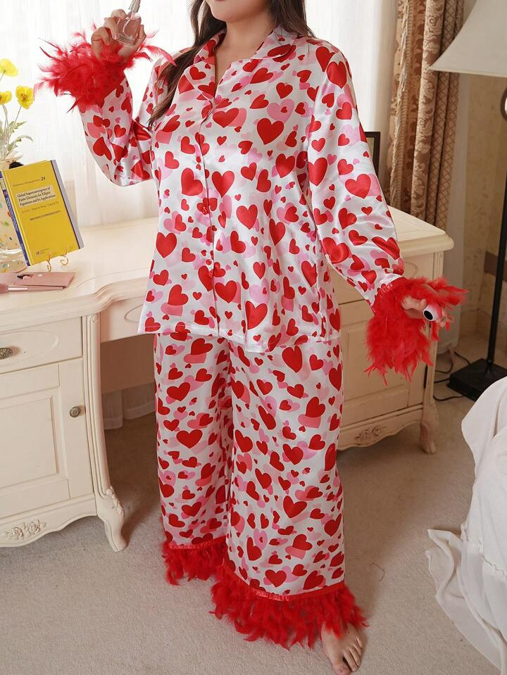 SweetSlumber Plus Size Ombre Heart & Feather Cuff Long Sleeve Top & Long Pants Red Pajama Set, Fo... | SHEIN
