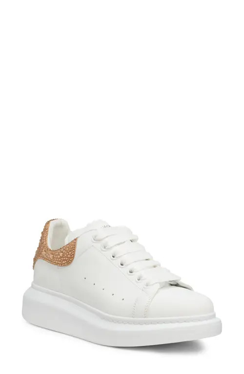 McQueen Oversize Crystal Embellished Sneaker in White/Dark Camel at Nordstrom, Size 9Us | Nordstrom
