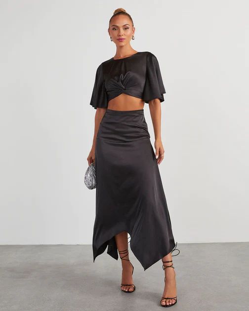 Belmore Satin Scarf Hem Midi Skirt - Black | VICI Collection