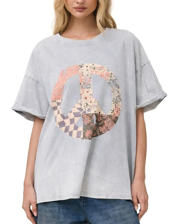 Womens Oversized Vintage Graphic T Shirt Tacked Rolled Sleeve Loose Fit Mineral Wash Casual Tee | Amazon (US)