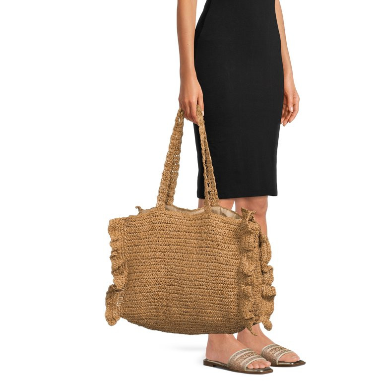 Time and Tru Women's Raffia Ruffled Tote, Natural - Walmart.com | Walmart (US)