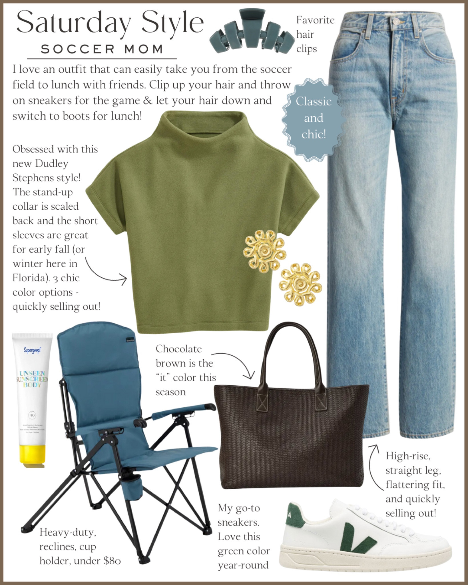 Saturday soccer mom style - A casual, everyday outfit for running errands, lunch with friends, or a day of shopping. These high waisted straight jeans are super flattering and sizes are quickly selling out. Love this new style of Dudley Stephens fleece turtleneck. The collar is a little shorter, giving it an elevated look and the short sleeves are great for fall. Chocolate brown is super popular right now and the tote bag is such a classic. And accessorize with my favorite hair clip, classic gold stud earrings, and green veja sneakers. 

Folding chair, sunscreen, mom style, classic, casual ootd, fall outfit #momstyle #fallfashion #sneakers #jeans 

#LTKfindsunder100 #LTKSeasonal #LTKstyletip