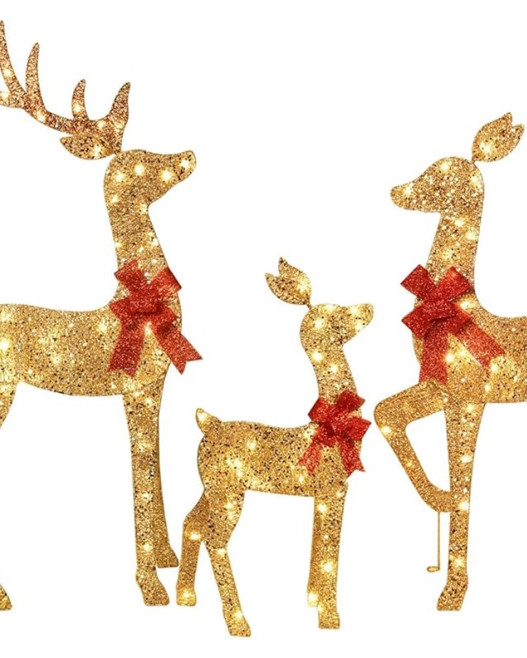 Color Gold
Brand HOYECHI
Material Fabric, Metal
Theme Christmas
Item dimensions L x W x H 22 x 8 x 48 inches
Item Weight 3.54 Kilograms
Enchanting Christmas Outdoor Decorations: Add a warm, festive glow to your yard with this beautiful 4-foot tall, 3-piece reindeer family set featuring 145 LED lights. Perfect for enhancing your Christmas outdoor decor, the golden reindeer trio includes a buck, doe, and fawn, bringing a touch of elegance to any outdoor holiday setting.
Durable & Safe for Outdoor Use: Designed for outdoor Christmas yard decorations, this reindeer Christmas decor is crafted with waterproof materials and a safe power source, ensuring long-lasting enjoyment and peace of mind in all weather conditions. Ideal for enhancing your outdoor holiday decorations on lawns, patios, and more.
Easy Assembly & Secure Placement: This reindeer outdoor decoration set is easy to install, with included ground stakes and zip ties for secure setup. Enjoy hassle-free installation for your Christmas decorations outdoor yard and bring instant festive charm to your outdoor space.
Elegant Details for Festive Ambiance: Each reindeer is adorned with a sparkling bow, adding a touch of sophistication to your Christmas lawn decorations. With a warm white glow, these outdoor Christmas decor pieces create a cozy, inviting atmosphere that’s perfect for holiday gatherings.Buck Measures: 28"(L) X 8.5"(W) X 48"(H); Doe Dimensions: 28"(L) X 8.5"(W) X 43"(H);Fawn Dimensions: 21.5"(L) X 5"(W) X 28"(H).
Versatile Outdoor Decor for the Holiday Season: This reindeer family set is ideal for any outside Christmas decorations setup. Whether displayed in your front yard, garden, or porch, these Christmas outdoor light decor pieces make a captivating addition to your holiday decorations and bring extra cheer to the season.

#LTKHoliday #LTKGiftGuide #LTKCyberWeek