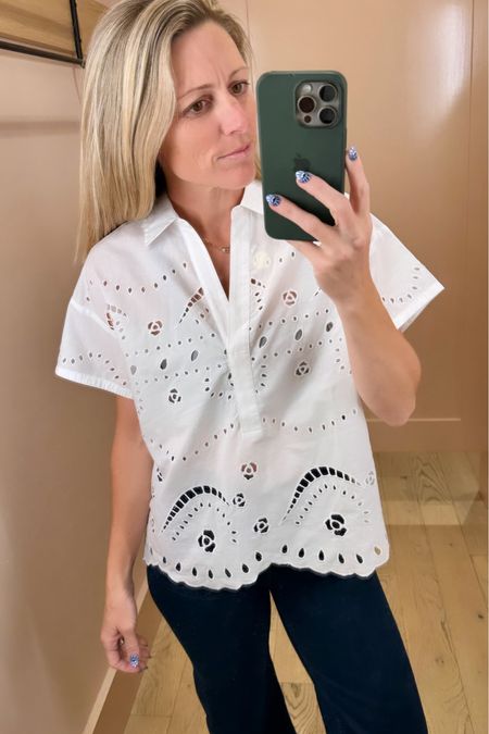 Totally in love with this white eye-lit top for Summer.  Will be the perfect 4th of July outfit if your sissy shopping for that.  Pair it with a wide leg pair of denim and you are ready to go.  

#july4thoutfit #SummerTop #SpringOutfit #SummerOutfit #WhiteTop

#LTKFindsUnder100 #LTKStyleTip #LTKOver40