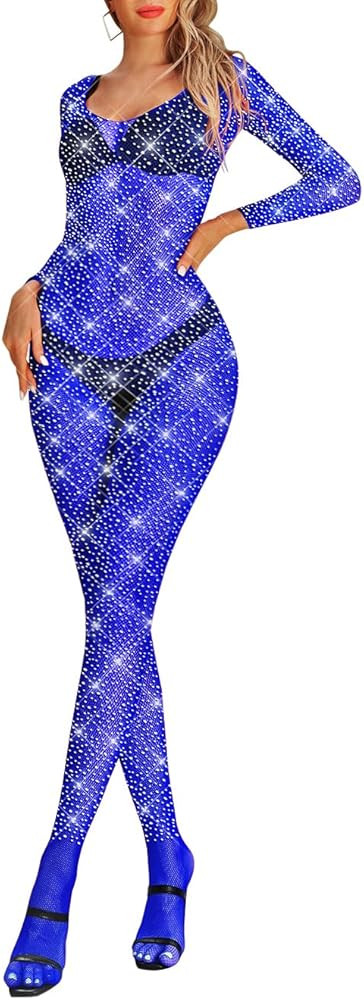 LUCKELF Womens Classic Fishnet Bodystocking Lingerie Party Sparkle Rhinestone Stockings One Piece | Amazon (US)