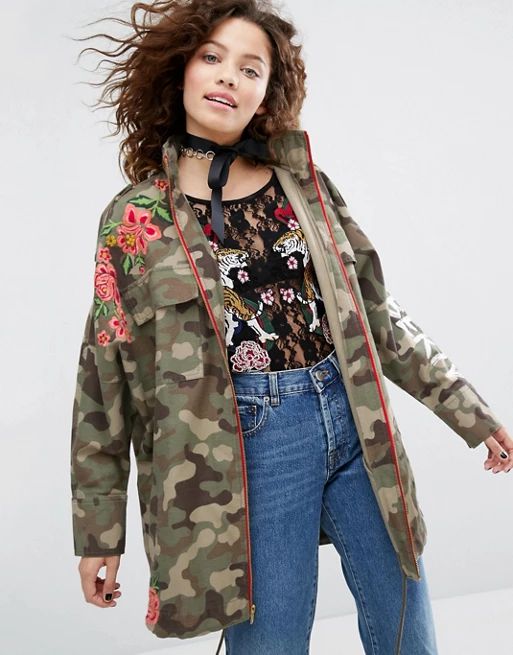 H! By Henry Holland Camo Jacket With Floral Embroidery | ASOS US