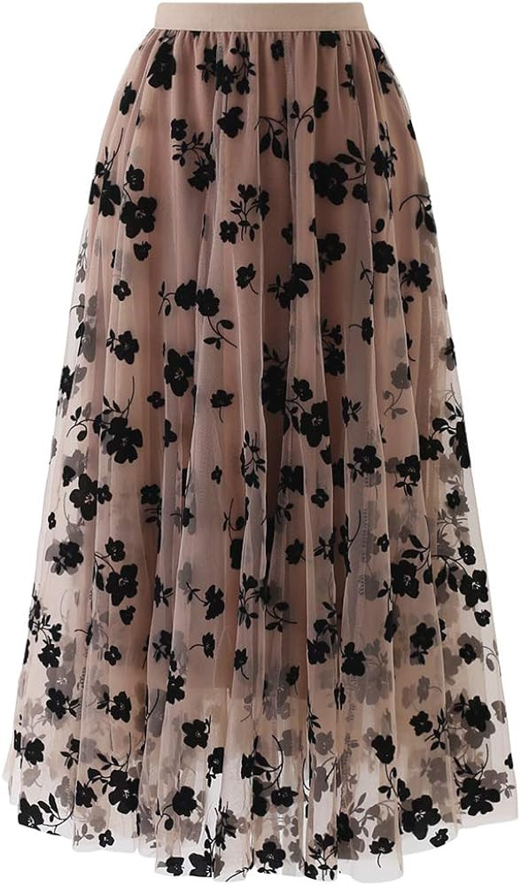 CHICWISH Women's 3D Posy Double-Layered Mesh Midi Skirt | Amazon (US)