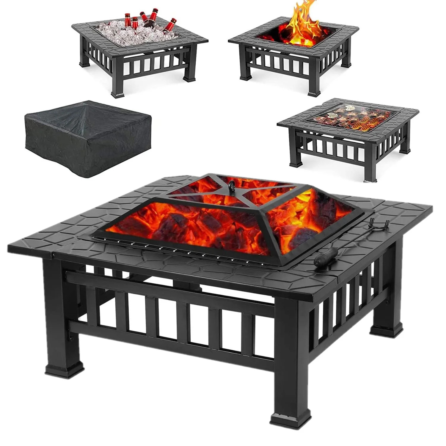 LAZY BUDDY Steel Fire Pits for Outside, 32'' Square Wood Burning Firepit Table with Mesh Lid, BBQ... | Walmart (US)