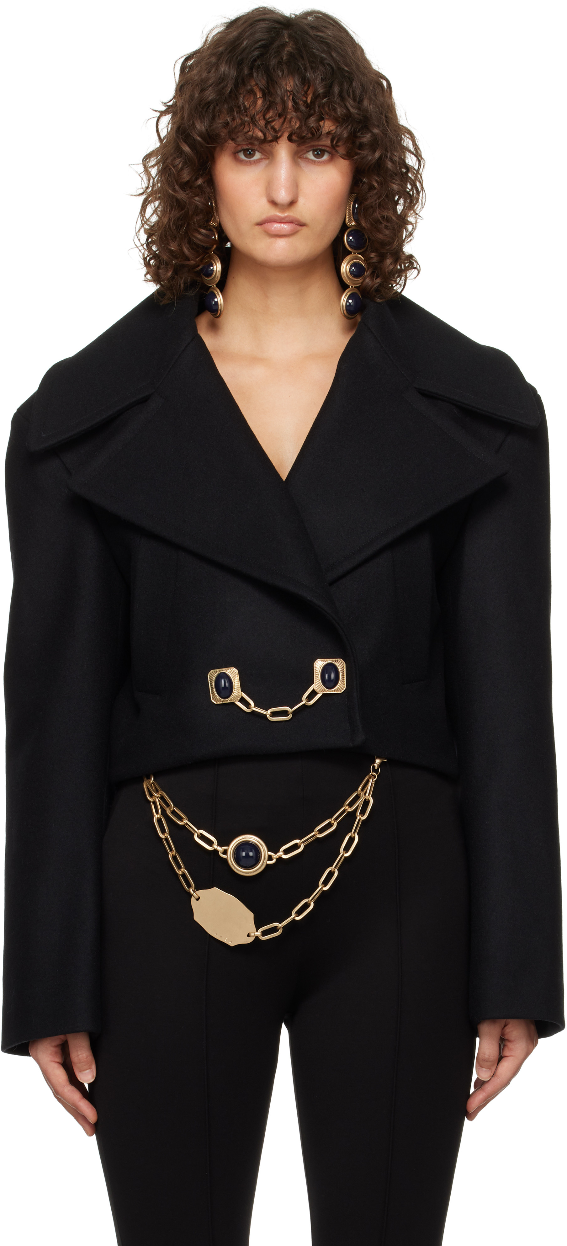 AREA Black Gemstone Button Cropped Peacoat | SSENSE